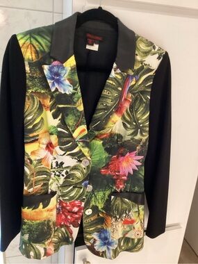 Simon Chang Tropical Floral Blazer Jacket - Black & Green Multicolor
